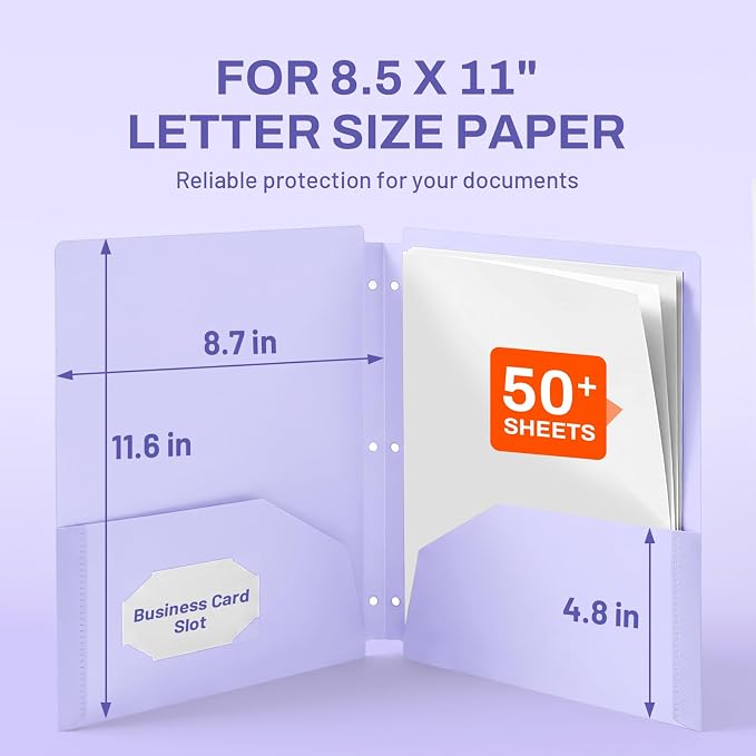 SUNEE 3 Hole Pocket Folders (1 Pack, Purple), Plastic Pocket Folders for 3 Ring Binder, 3-Hole Punched Folder with Pockets, for Kids, Students, Teachers, Office Staff