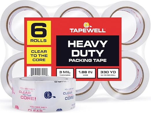 Heavy Duty Clear Packing Tape Refills for Tape Dispenser, 1.88 in x 54.6 Yd, Shipping Tape with 3'' Core, Pack of 6