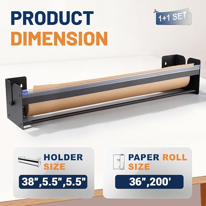 Perkhomy 36 Inch Paper Roll Dispenser and Cutter - Heavy-Duty Wall Mountable, Non Slip Tabletop - Kraft, Freezer, Butcher Paper - Up to 300ft Rolls (Black, 36 Inch)