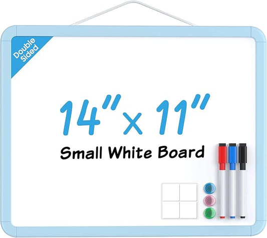 MaxGear Small Dry Erase Board for Wall, 14"x 11" Double-Sided Whiteboard with 3 Dry Erase Markers, 3 Magnets, Portable White Board for Planning, Drawing, Memo, to Do List, Blue Frame