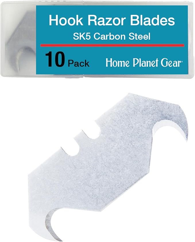 Hook Blade 10 Pack - Utility Knife Hooked Razor Blades in Storage Box - Heavy Duty SK5 Replacement Refills for Carpet, Roofing Knife, Box Cutter