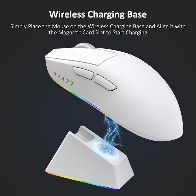 AJAZZ AJ139 V2 MC Wireless Gaming Mouse with RGB Charging Dock, 66g Ultra-Lightweight Tri-Mode Optical Mouse, 12000 DPI PAW3311 Sensor, Ergonomic Rechargeable Gaming Mouse for PC/Mac - White