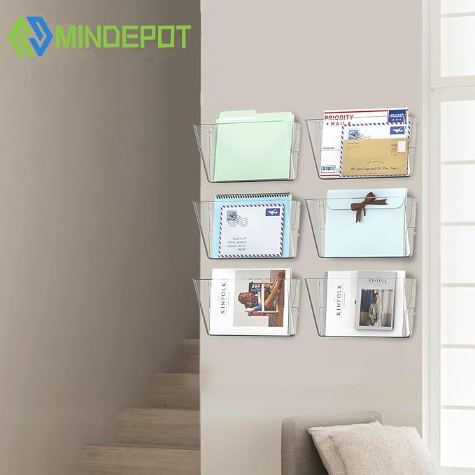 MINDEPOT 6 Pockets Acrylic Wall File Organizer Clear File Holder for Office | Single Wall File Organizer Save Space Sturdy Acrylic Material