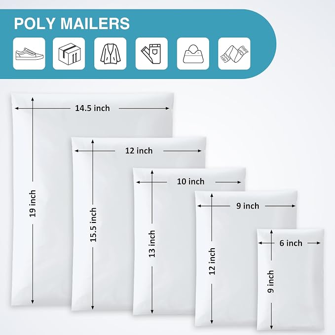 UCGOU 60 Pack Not Padded White Poly Mailers Variety Pack, 6x9 Inch & 9x12 Inch & 10x13 Inch & 12x15.5 Inch & 14.5x19 Inch Mailing Bags, Self-sealing Adhesive Mailers Assorted Sizes for Small Business