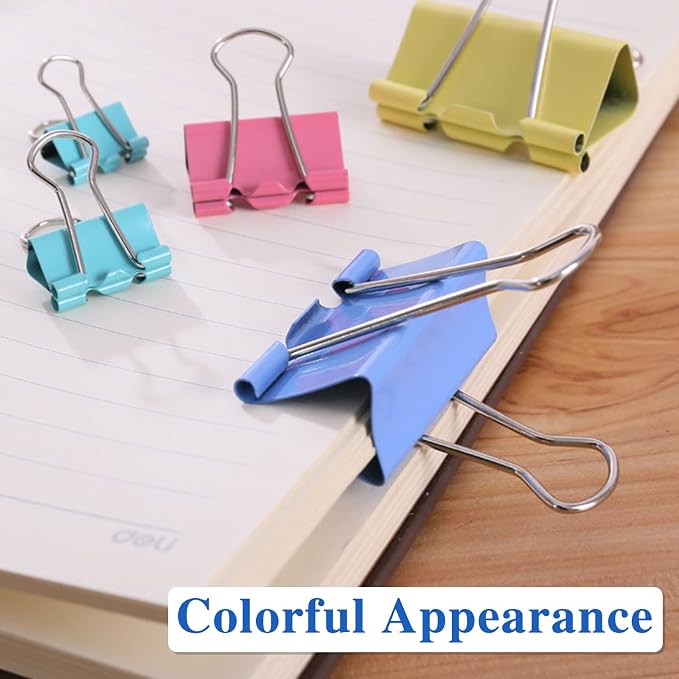 OWLKELA 100 Pcs Binder Clips, Assorted Sizes, Multicolor | Metal Paper Clamps, Paper Binder Clip, Ideal for Office, Home and School Supplies