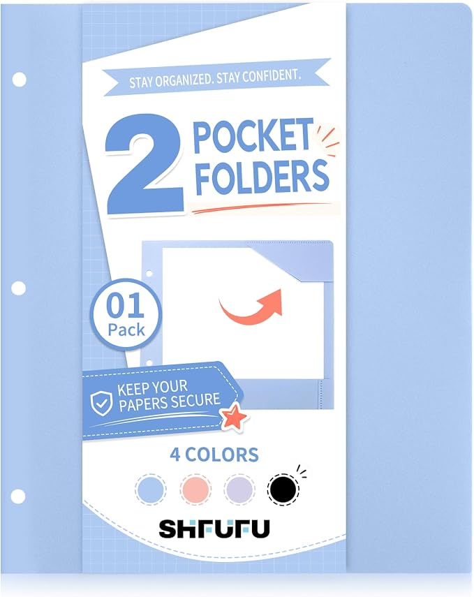 2-Pocket Folder, Heavy Duty Plastic Folder with 3 Hole Punched, Fit for 3 Ring Binder, Letter Size Binder Folder for School Office (Blue, 1 Pack)