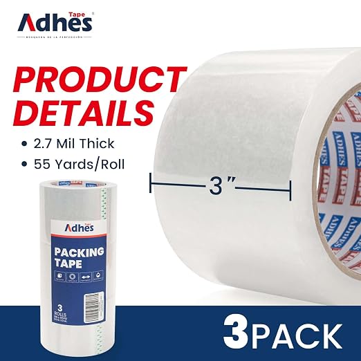 ADHES Packaging Tape 2.7MIL Heavy Duty Packing Tape Mailing Tape,3 Rolls | 3" x 165 ft (55 Yards) Clear Shipping Tape, Ultra-Strong & Durable for Packaging, Moving, Mailing, and Sealing