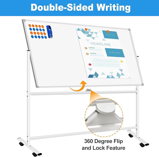 Double-Sided Rolling Whiteboard on Wheels 72"x40", Large Magnetic Mobile Whiteboard with Stands, 6' x 3' Portable Dry Erase Board with Stand Up White Board with 2 Eraser, 6 Markers, 20 Magnets