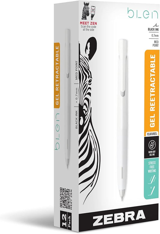 Zebra Pen, bLen Retractable Gel Pens, Medium Point 0.7mm, Black Ink, White Barrels, Rapid Dry Gel Ink, Low Vibration for More Stable, Easier to Control Writing, Refillable, 12-Pack (41400)