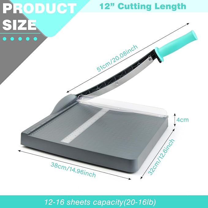 Guillotine Paper Cutter, A4 Paper Cutter, Heavy Duty Paper Trimmer with Safety Guard, 12" Cut Length Cutting Board, 16 Sheets Capacity, for Cardstock, Photos, Scrapbooking, Office, Classroom