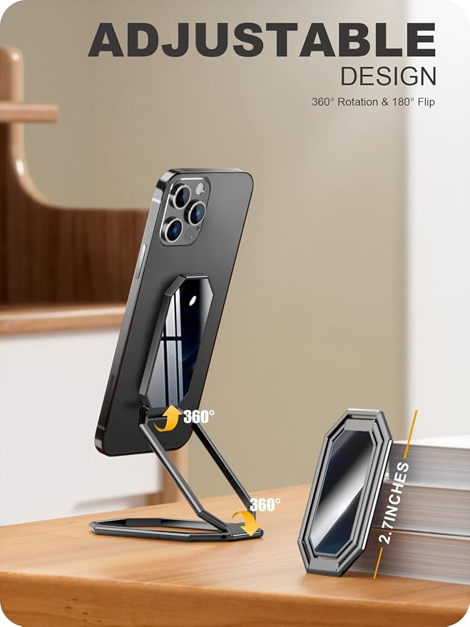 A-LuGei 𝗙𝗼𝗹𝗱𝗮𝗯𝗹𝗲 & 𝗔𝗱𝗷𝘂𝘀𝘁𝗮𝗯𝗹𝗲 Phone Kickstand Ring Holder, Magnetic Cell Phone Grips, Phone Stand for Desk, Adhesive Phone Holder for Hand, 360° Rotation Ring for Back of iPhone Case