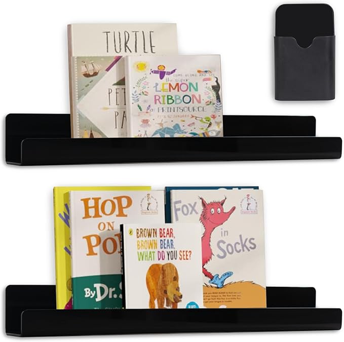 2 Pcs Magnetic Book Shelf for Whiteboard with Magnetic Pen Holder, Heavy Duty Acrylic Magnetic Shelves for Classroom Furniture,Office, Refrigerator,School Supplies-Black
