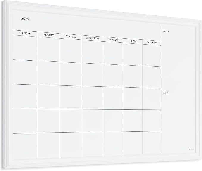 U Brands Magnetic Dry Erase Calendar White Board, 30" x 20", White Wood Style Frame, Includes Magnets | 30 x 20 in. Monthly grid plus notes and to-do sections. Magnetic painted steel. Hangs either way. 5-year warranty.