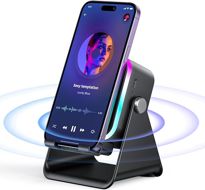 Induction Speaker with Phone Stand 5 in 1 Wireless Bluetooth Audio Black | Phone Speakers Amplifie For iPhone and Android Rechargeable Colorful Light. Birthday Gift for Men Women and Teens