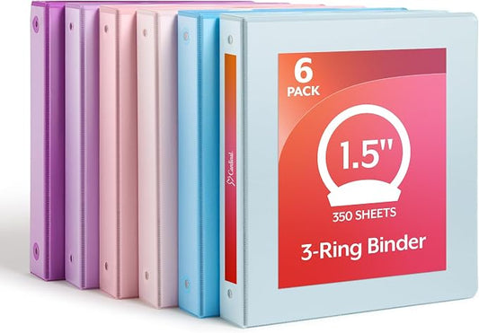 Cardinal 1.5 Inch 3 Ring Binders, 6 Pack, Pastels, Holds 350 Sheets | Round rings, clear view covers for custom inserts, and 2 inside pockets. PVC free, non stick. Stock up pack.