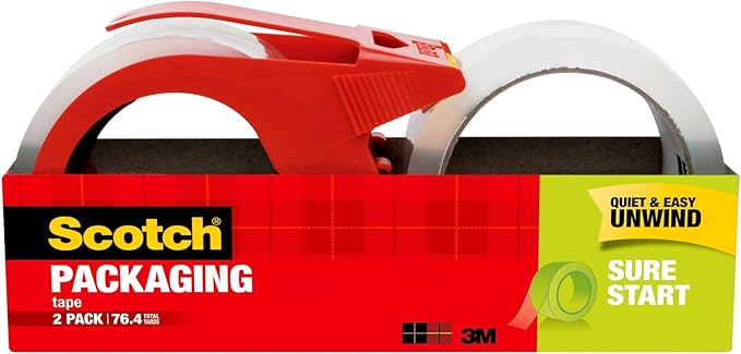Scotch Sure Start Packing Tape, Clear, Quiet Unwind and Easy Start, 1.88 in. x 38.2 yd., 2 Tape Rolls and 1 Dispenser