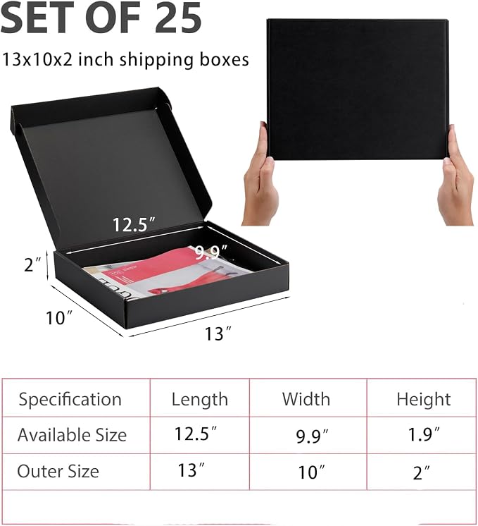 13x10x2 inch Black Shipping Boxes for Small Business- Set of 25 | Sturdy ECT 32 Corrugated Cardboard Mailer Boxes, Easy Assemble for Packaging, Mailing, Gift