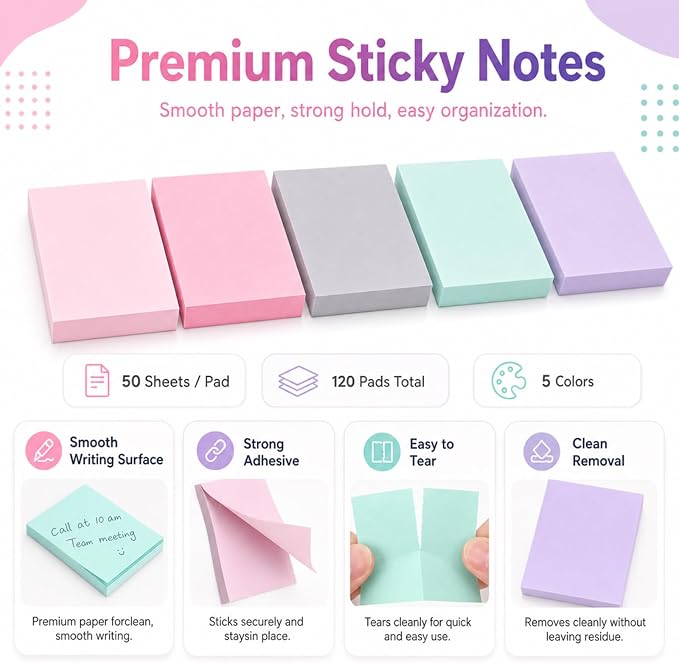 Fainne 120 Pads Sticky Notes Bulk 1.5x2,Simple Style,Pastel Mix,120 Pads | Bulk Mini Posted Pads, 50 Sheets Each, Self Stick Memo Paper for Office School Notebook, Bright Assorted Colors