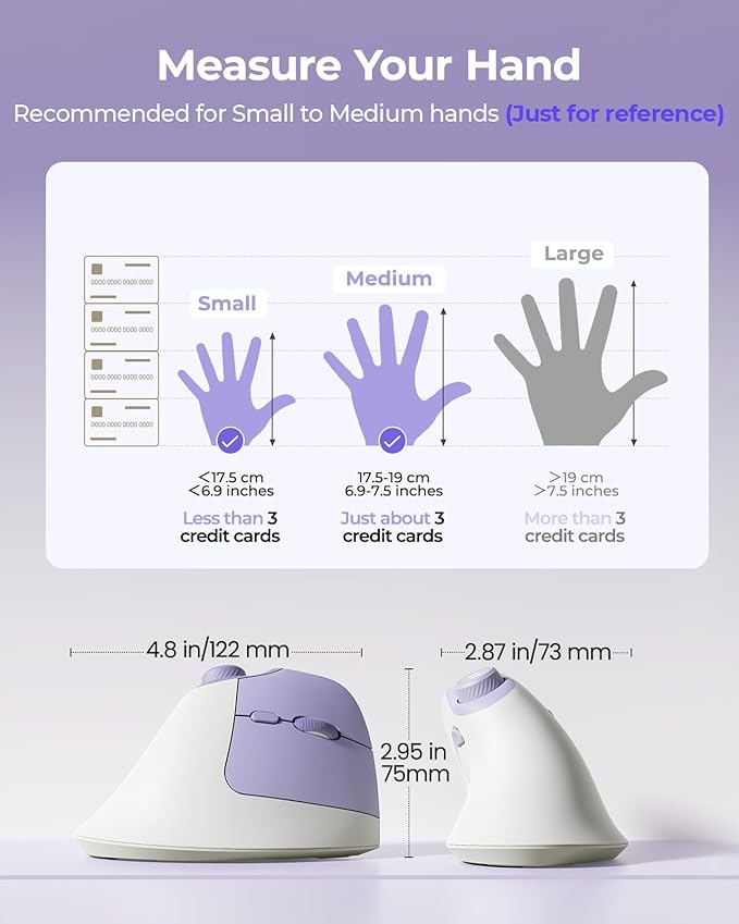 seenda Ergonomic Mouse Wireless, MOU-302 Bluetooth Vertical Mouse Rechargeable, Optical Mice with 1000/1600/2400 DPI, Volume Knob, 3 Multi-Device Connectivity for Computer/PC/Laptop/Mac, White Purple