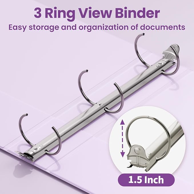 SUNEE 3 Ring Binder 1.5 Inch 2 Pack, Clear View Binder Three Ring PVC-Free (Fit 8.5x11 Inches) for School or Office Supplies, Purple