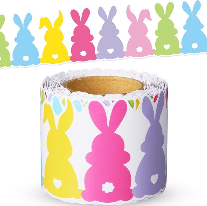 32.8 Ft Bunny Bulletin Board Borders Classroom Scalloped Trim | Pastel Rabbit Designs for Spring Classroom, Office Boards, Fiesta Party, Multicolor Scalloped Edge