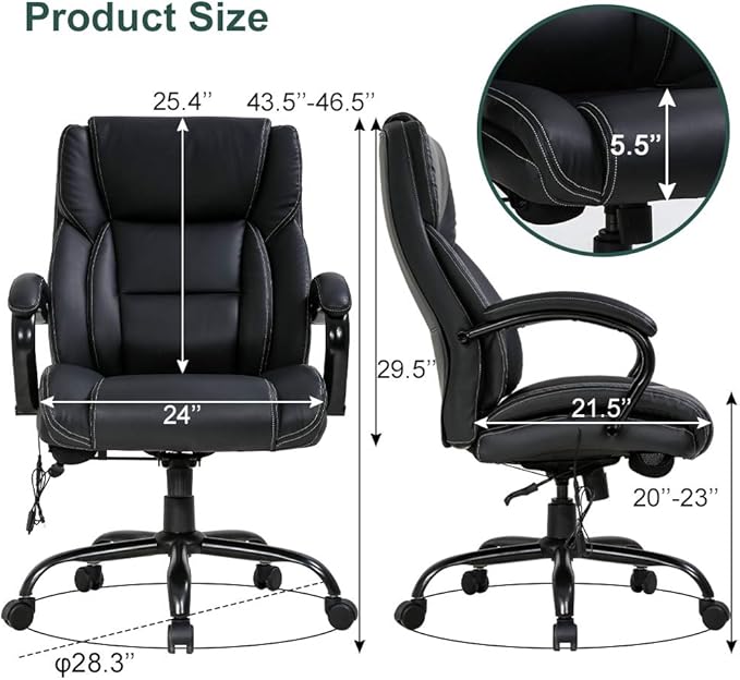 Big and Tall Office Chair 500lb Wide Seat Desk Chair with Lumbar Support Armrest Swivel Rolling High Back PU Leather Computer Chair Massage Adjustable Ergonomic Task Chair for Adults Women(Black)