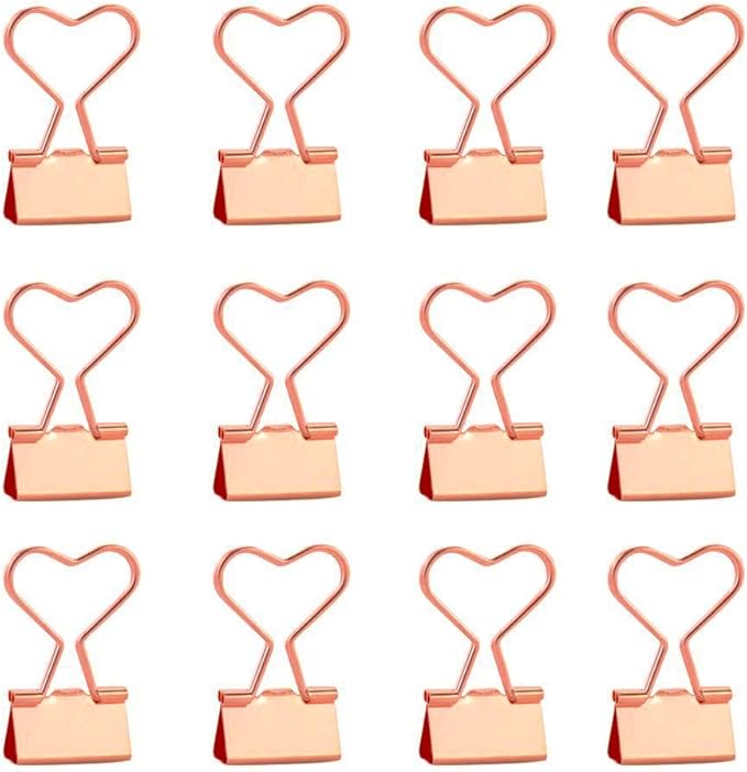 Rose Gold Metal Binder Clips with Heart Shaped Handle, 0.74" Foldback Clips, 12 Pcs