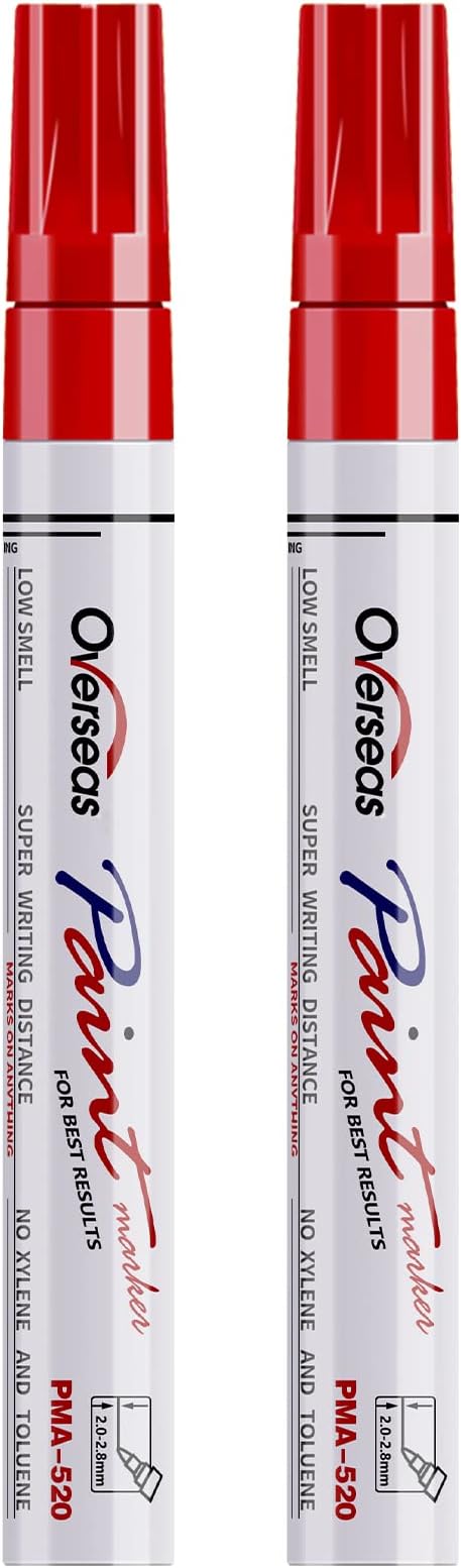 Overseas Red Paint Pens Permanent Markers, 2 Oil Based Paint Makrers | Medium Tip, Waterproof, Quick Dry, Fade Resistant, Bright Colors Marker Pen for Metal, Wood, Plastic, Rock, Rubber, Canvas
