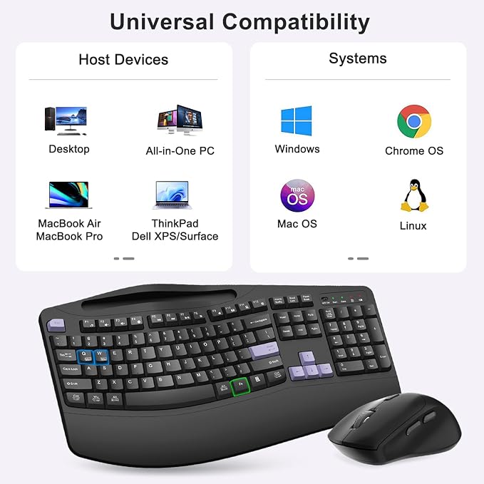 Wireless Keyboard and Mouse Combo, Full Size Ergonomic Wave Keys(Purple-B) | 2.4G Ergonomic Keyboard with Wrist Rest, Phone Holder, 3-Level DPI Silent Mouse with 6-Buttons, for Windows/Mac OS/Laptop/PC