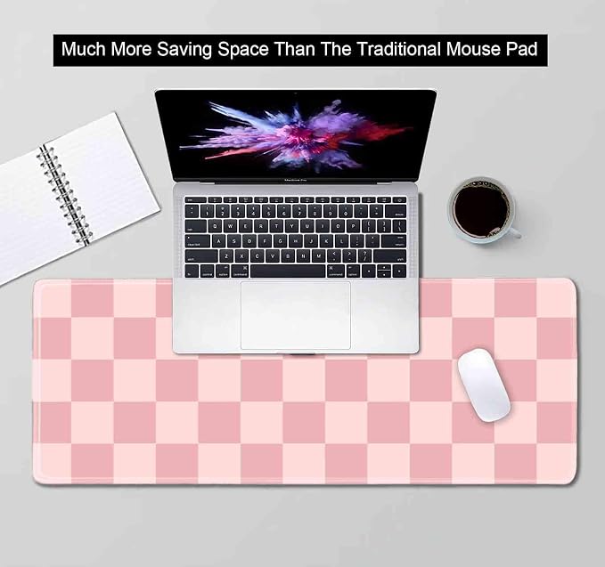 Pastel Pink Desk mat, Checkered Pattern Extra Large Mouse Pad, Desk Protector Pad, Writing Mat for Work Home Decor, Non-Slip Rubber Gaming Mouse Pads for Computer Laptop, 31.5 X 11.8 in