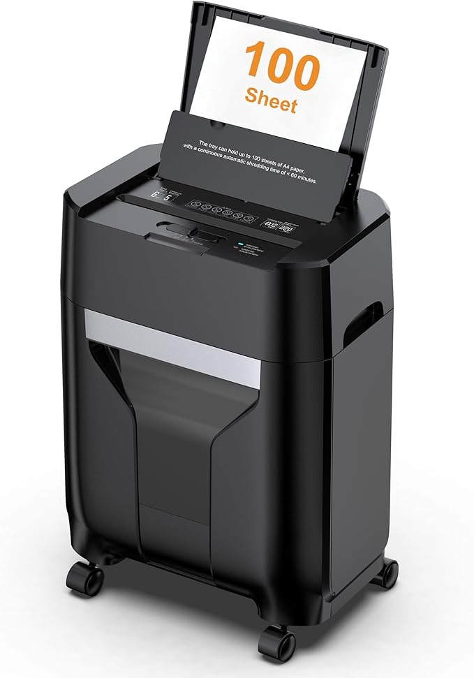 100-Sheet Auto Feed Paper Shredder, 40 Min Non-Stop, Shredders for Home Office Heavy Duty, P-4 Ultra Security Shredder for Home Office, Cross-Cut with Wheels, 4.5 Gal Bin, <63 dB (OL100)
