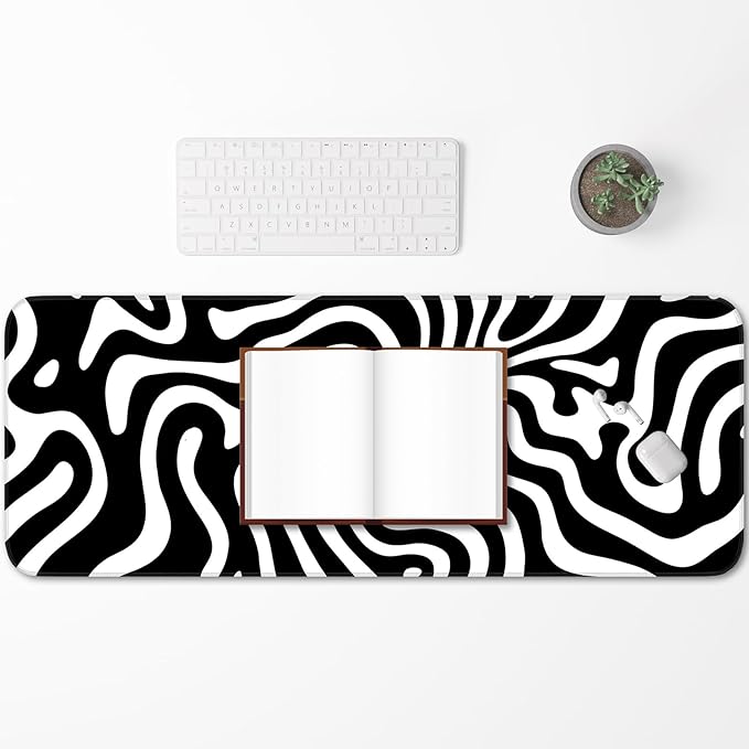 Gaming Mouse Pad, Non-Slip Rubber Bottom Stitched Edges, Suitable for Home, Office, Gaming, 31.5x11.8 Inch Large Mouse Pad, Black and White Abstract Waves