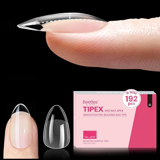 Beetles Tipex Instant Apex Nail Tips, Almond Short, 16 Sizes (00–14), 192pcs, Built-In Apex, No Builder Gel Required, Thicker Strong Acrylic Tips for DIY Nail Extensions