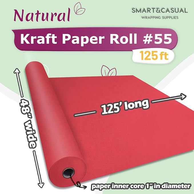 SMART&CASUAL 48" x 1,500" (125') Red Kraft Craft Paper Roll for Gift Wrapping Bulletin Board Bouquet Flower Kids Art Packing Parcel Table Covering 80GSM 55LB (Red, 48" x 125')