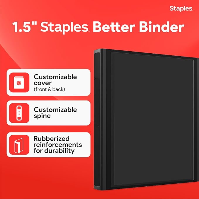 Staples Heavy-Duty 1.5-Inch D-Ring Binder, Black – Large Capacity 3-Ring Binder, Holds Up to 400 Sheets for School & Office