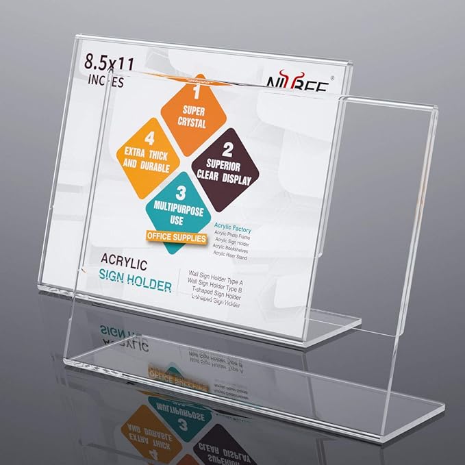 NIUBEE Acrylic Sign Holder 8.5x11 Inches 12 Pack Horizontal, Slant Back Clear Frames, Plastic Paper Flyer Display Holder, Document Menu Table Stand for Office, Store, Restaurant -Landscape
