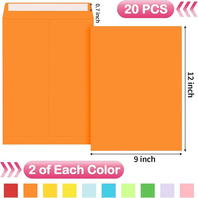 Colored 9 x 12 Envelopes, 20 Pcs Mailing Envelopes, Large Envelope | Manila Envelopes for Mailing, Organize, Storage, Home, Office