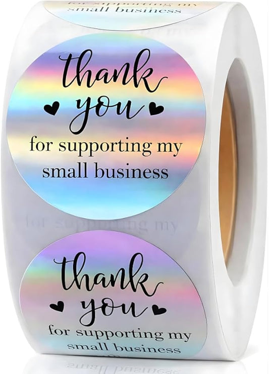 500 PCS Holographic Thank You for Supporting My Small Business Stickers – 1.5 Inch Round Self-Adhesive Waterproof Labels – Eye-Catching Packaging Seals for Orders, Gift Bags, Boxes & Envelopes