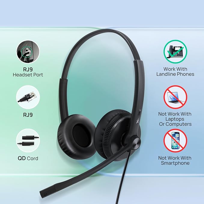 Yealink Phone Headsets for Office Phones YHS34 QD to RJ9 Wired Headset | Leather ear pads,Compatible with Poly Snom Grandstream Phones Desk Landline Headset with Microphone -Mono/72g/2.1m Cable