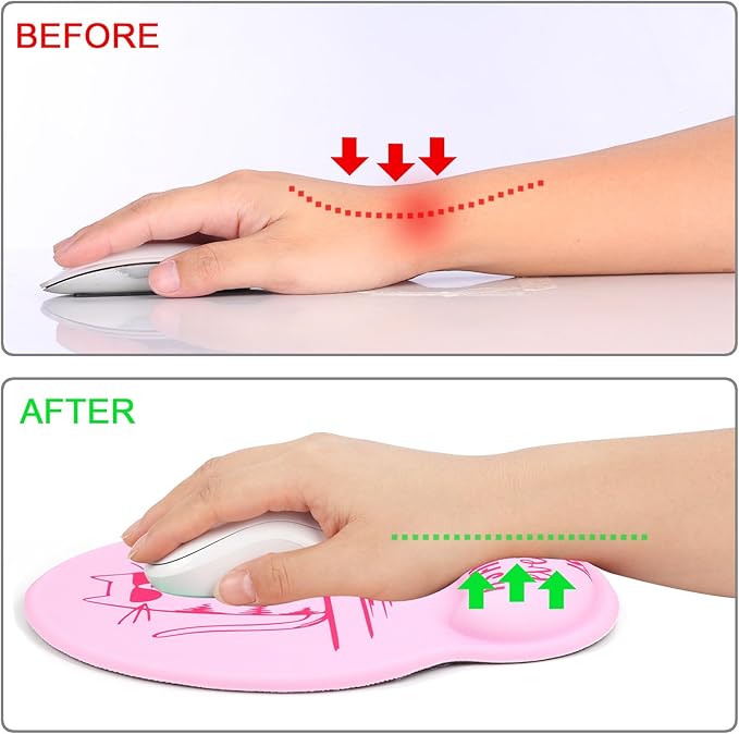 Ergonomic Mouse Pad with Wrist Support Rest,Large Mousepad Gel Wrist Rest, with Coaster Non-Slip & Pain Relief for Computer, Desk, Home&Office-Pink Cute Funny Cat