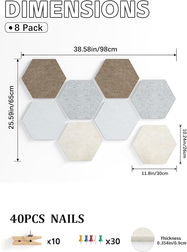 8 Pack Hexagon Felt Bulletin Board Tiles - 12" Large Thick Pin Board for Walls with 30 Push Pins, DIY Boards for Office Home School Decor, Aesthetic Hex Cork Board Alternative