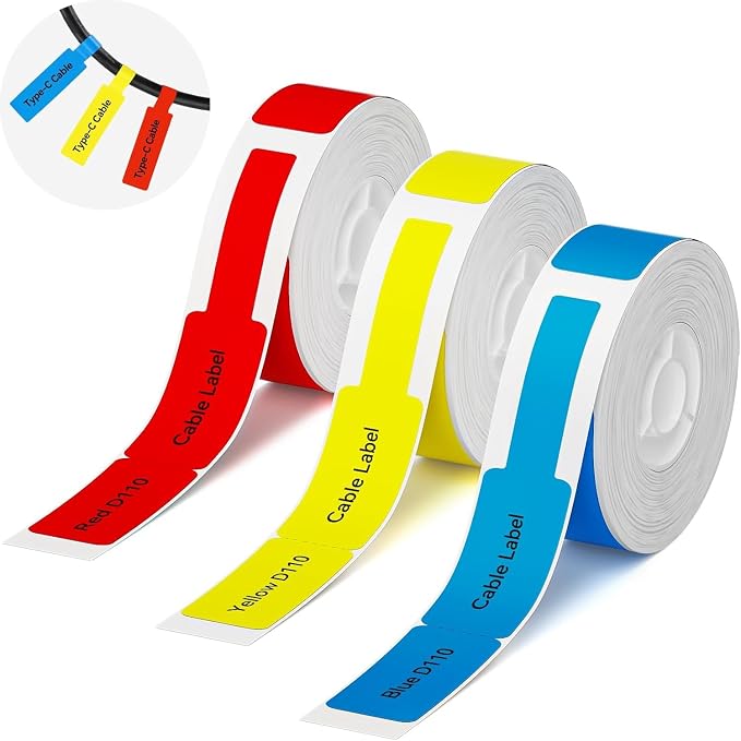 NIIMBOT 3 Roll Set Cable Labels for D110/D11/D101 Label Maker, 0.47" X 4.29" (12 X 109mm) Red/Yellow/Blue, Waterproof Thermal Label Tape for Home Office School Cable Organization