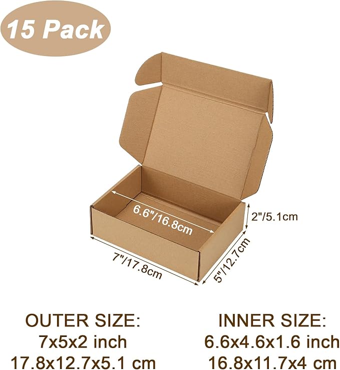 7x5x2 inch Shipping Boxes Set of 15 Brown, Inner Size 6.6x4.6x1.6 inch Cardboard Box Mailers for Small Business Packaging Mailing or Gift Wrapping Giving