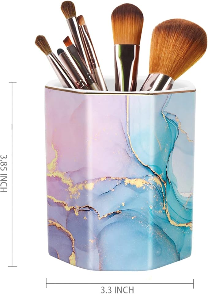 Ceramic Marble Pen Holder, Cute Stationery Holder for Office, Makeup Brush Holder for Girl Women, Colorful Green
