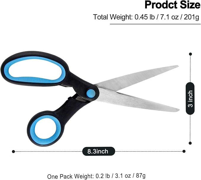 Left Handed Scissors for Adults, 8 Inch Lefty Scissors Bluk for Kids Student, All Purpose Sharp Blades Shears Set of 2 Pack, Great for Craft, Office, Sewing Fabric, Arts, School and Home, Black/Blue