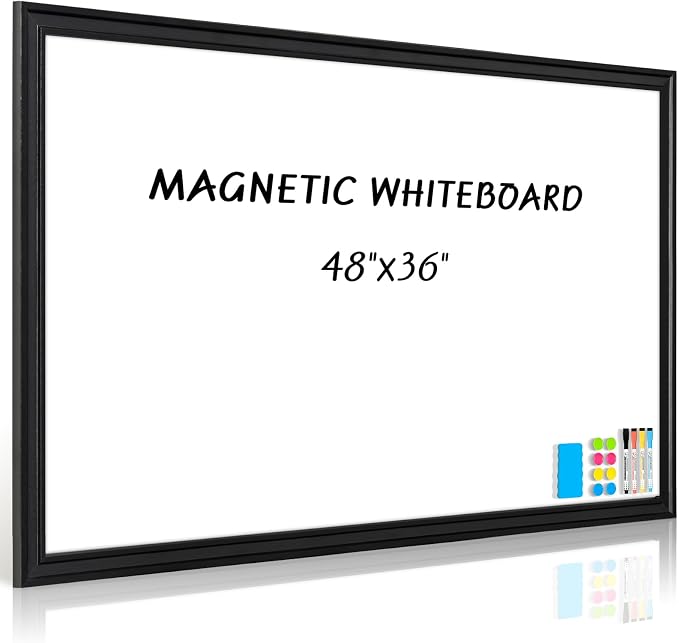 Large Dry Erase White Board for Wall, 48"x36", Black Wooden Frame | Magnetic, Decorative Whiteboard, Wall Mounted, for Home, Office, Kitchen, Dorm, 4 Markers, 6 Magnets, A Eraser