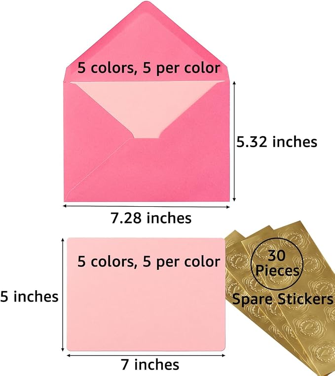 25 Pieces A7 Colored Envelopes with Cards and Stickers Set, Pink 5Colors | 5x7 inches Envelopes For Weddings, Invitations, Birthday, Baby Shower