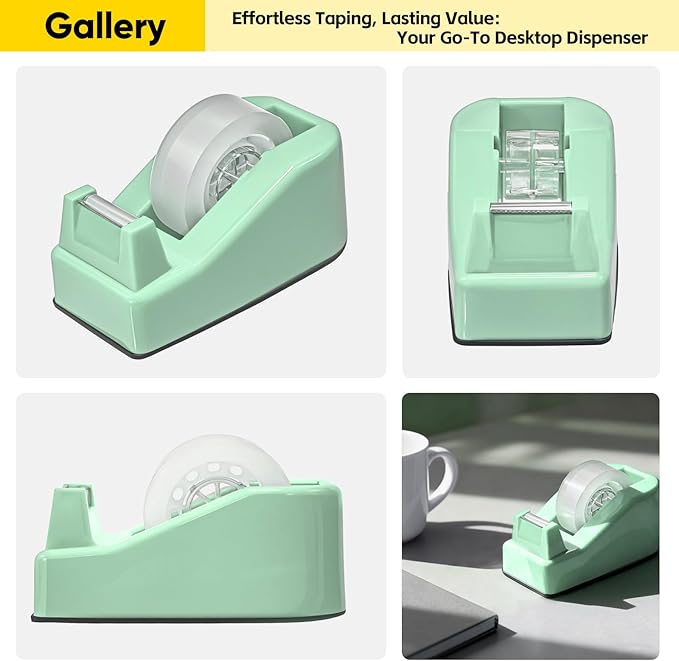 Desktop Office Tape Dispenser, Fits Standard 1-Inch Core Tapes, Weighted Base, Sharp Metal Blade, Smooth Cutting, Adhesive Roll Holder for Office, School, Shop, Home & Business - Green