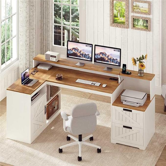 63" Farmhouse L Shaped Desk with Drawers and Printer Stand for Home Office | Computer Desk with Power Outlet, Home Office Desk with Storage Shelves and Monitor Stand, Brown and White