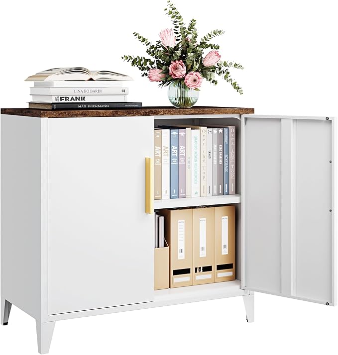 Metal Storage Cabinet with 2 Doors and Shelves 16" Dx 32" Wx30 H,Small Buffet Sideboard Short Cabinet for Kitchen Dining,Office Credenza Locker Modern Coffee Bar,Entryway Bathroom(White)